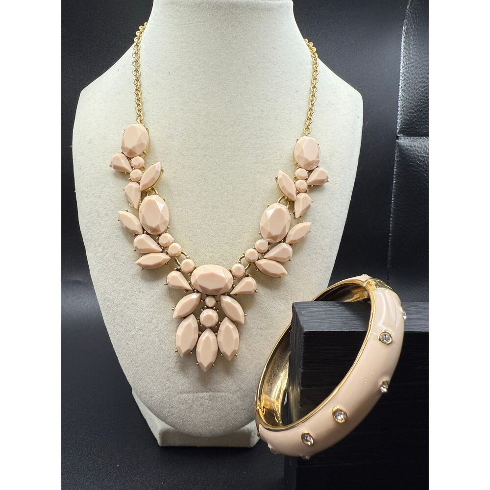 J Crew Signed Blush Color Statement Necklace and Enameled Bracelet